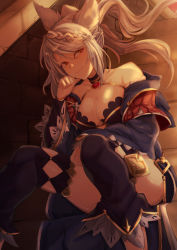 Rule 34 | 1girl, bare shoulders, blue robe, braid, braided bangs, breasts, cleavage, collarbone, erune, fraux, granblue fantasy, highres, large breasts, long hair, long sleeves, looking at viewer, open clothes, open robe, red eyes, robe, silver hair, sitting, smile, solo, swept bangs, thighhighs, thighs, twintails, yude