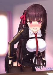Rule 34 | 1girl, absurdres, artist name, black dress, black gloves, black pantyhose, blurry, blurry background, blush, breasts, chinese commentary, clothes lift, clothes pull, collared shirt, commentary request, cowboy shot, depth of field, double vertical stripe, dress, dress lift, girls&#039; frontline, gloves, gluteal fold, gmkj, hair ribbon, highres, indoors, large breasts, leaning forward, lifting own clothes, long hair, long sleeves, necktie, nose blush, one side up, pantyhose, pantyhose pull, pink ribbon, pixiv id, purple hair, red eyes, red necktie, ribbon, round teeth, shirt, solo, striped clothes, striped shirt, teeth, upper teeth only, vertical-striped clothes, vertical-striped shirt, very long hair, wa2000 (girls&#039; frontline), white shirt