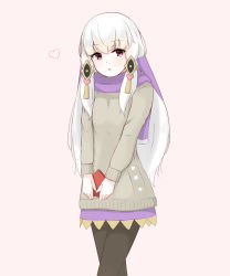 Rule 34 | 1girl, alternate costume, black pantyhose, box, chirun0, fire emblem, fire emblem: three houses, gift, gift box, hair ornament, highres, holding, long hair, long sleeves, lysithea von ordelia, nintendo, open mouth, pantyhose, pink background, pink eyes, scarf, simple background, solo, valentine, white hair
