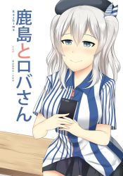 Rule 34 | 10s, 1girl, alternate costume, bench, beret, black skirt, blue eyes, character name, closed mouth, commentary, cover, employee uniform, english text, hair ornament, hat, kantai collection, kashima (kancolle), lawson, pleated skirt, shirt, short sleeves, silver hair, skirt, smile, solo, striped clothes, striped shirt, text focus, title, twintails, uniform, vertical-striped clothes, vertical-striped shirt, wangphing, wavy hair, zipper