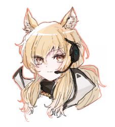 Rule 34 | 1girl, animal ear fluff, animal ears, arknights, blonde hair, blush, brown eyes, closed mouth, commentary request, hair between eyes, headset, highres, horse ears, itadakimasu (akakesanu), long hair, looking at viewer, nearl (arknights), one-hour drawing challenge, portrait, simple background, smile, solo, white background