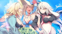 Rule 34 | 3girls, :d, adjusting hair, alternate costume, beach, bikini, black bikini, black jacket, blonde hair, blue bikini, blue sky, blue sweater, blush, breasts, cleavage, closed eyes, collar, collarbone, commentary request, cropped jacket, day, fate/grand order, fate (series), gem, grey hair, hairband, hat, holding another&#039;s arm, jacket, jeanne d&#039;arc (fate), jeanne d&#039;arc (swimsuit archer) (fate), jeanne d&#039;arc (swimsuit archer) (first ascension) (fate), jeanne d&#039;arc alter (fate), jeanne d&#039;arc alter (swimsuit berserker) (fate), jewelry, large breasts, long hair, looking at another, marie antoinette (fate), marie antoinette (fate/grand order), marie antoinette (swimsuit caster) (fate), marie antoinette (swimsuit caster) (third ascension) (fate), medium breasts, multiple girls, navel, necklace, no-kan, open mouth, outdoors, purple eyes, short hair, short twintails, shrug (clothing), sky, smile, sun hat, sweatdrop, sweater, swimsuit, twintails, white hair, yellow eyes