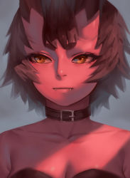 Rule 34 | 1girl, belt collar, breasts, brown hair, cleavage, closed mouth, collar, colored skin, fangs, fangs out, grey background, horns, kidouko (zakusi), oni, original, portrait, red oni, red skin, short hair, simple background, slit pupils, solo, yellow eyes, zakusi
