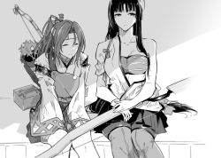Rule 34 | 10s, 2girls, asakawa (outeq), bandeau, bare shoulders, black hair, blush, bow (weapon), breasts, collarbone, closed eyes, female focus, greyscale, hachimaki, headband, high ponytail, japanese clothes, kantai collection, long hair, long sleeves, low-tied long hair, monochrome, multiple girls, muneate, pleated skirt, ponytail, ribbon, shaded face, shadow, shouhou (kancolle), sitting, skirt, smile, tasuki, thighhighs, weapon, wide sleeves, zuihou (kancolle)