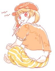 Rule 34 | 1girl, animal ears, back, barefoot, blonde hair, blush stickers, breasts, brown headwear, crop top, cropped shirt, dango, eating, fat rolls, flat cap, floppy ears, food, frilled shirt, frilled shorts, frills, from behind, hat, holding, holding food, holding skewer, indian style, looking at viewer, looking back, medium breasts, mg mg, mitsumoto jouji, orange shirt, plump, puffy shorts, rabbit ears, rabbit tail, red eyes, ringo (touhou), shirt, short hair, shorts, simple background, sitting, skewer, striped clothes, striped shorts, swept bangs, tail, toes, touhou, vertical-striped clothes, vertical-striped shorts, wagashi, white background