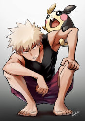 Rule 34 | 1boy, armpits, bakugou katsuki, bare arms, barefoot, black shirt, blonde hair, boku no hero academia, clenched teeth, commentary request, creatures (company), crossover, game freak, gen 8 pokemon, hair between eyes, hand on own knee, highres, kusa matchi, male focus, morpeko, morpeko (full), muscular, muscular male, nintendo, pectoral cleavage, pectorals, pokemon, pokemon (creature), pokemon on arm, purple shorts, red eyes, shirt, short hair, shorts, signature, sleeveless, sleeveless shirt, solo, spiked hair, spread legs, squatting, teeth, toes