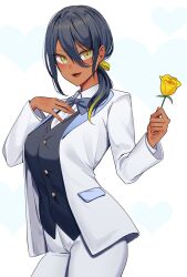 Rule 34 | 1girl, agamemega, blue bow, blue bowtie, blue hair, bow, bowtie, buttons, collared shirt, cowboy shot, dark blue bowtie, dark blue hair, flower, formal, hair between eyes, heart, heart background, highres, holding, holding flower, jacket, long hair, long sleeves, looking at viewer, low ponytail, open mouth, original, pants, ponytail, shirt, simple background, suit, suit jacket, tongue, vest, white pants, white shirt, white suit, yellow eyes, yellow flower
