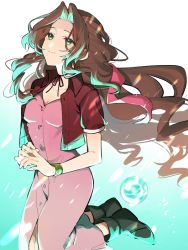 Rule 34 | 1girl, aerith gainsborough, bangle, boots, bracelet, breasts, brown hair, buttons, choker, cleavage, collarbone, cropped jacket, dress, final fantasy, final fantasy vii, full body, green background, green eyes, hair down, hair ribbon, jacket, jewelry, kneeling, lifestream, long dress, long hair, looking up, materia, medium breasts, own hands together, parted bangs, pink dress, pink ribbon, red jacket, ribbon, short sleeves, sidelocks, smile, solo, square enix, tooru (jux), wavy hair
