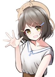 Rule 34 | 1girl, :d, absurdres, aikawa aoi, animal hat, black hair, blush, braid, breasts, brown eyes, brown hat, cat hat, collarbone, hair ornament, hairclip, hand up, hat, highres, indie virtual youtuber, looking at viewer, nekobaka, open mouth, shirt, short sleeves, simple background, small breasts, smile, solo, transparent background, upper body, virtual youtuber, white background, white shirt