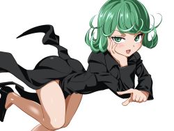 Rule 34 | 1girl, ass, bad id, bad twitter id, bare legs, black dress, black footwear, blush, curly hair, dress, female focus, flying, funnyari, green eyes, green hair, hand on own chin, looking at viewer, matching hair/eyes, one-punch man, parted lips, shoes, short hair, simple background, smile, solo, tatsumaki, white background
