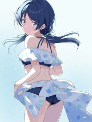 Rule 34 | 1girl, ass, bare shoulders, blue eyes, blue hair, blush, borgbutler, commentary, cowboy shot, from behind, green background, green ribbon, hair ribbon, highres, link! like! love live!, long hair, looking at viewer, love live!, low twintails, mole, mole on neck, murano sayaka, ribbon, simple background, smile, solo, swept bangs, twintails, virtual youtuber