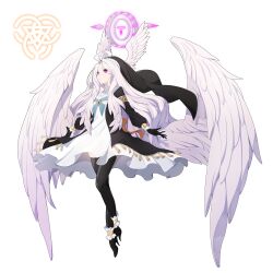 Rule 34 | 1girl, absurdres, ahoge, alternate costume, angel wings, ankle cuffs, black footwear, black thighhighs, blue archive, closed mouth, commentary request, feathered wings, frilled cuffs, full body, grey eyes, habit, halo, head wings, highres, hina (blue archive), koflif, large wings, long hair, long sleeves, low wings, nun, purple eyes, simple background, solo, thighhighs, white background, wings