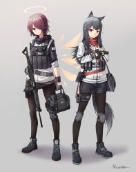 Rule 34 | 2girls, animal ears, arknights, artist request, bag, battle rifle, black hair, black legwear, boots, chinese commentary, commentary request, energy wings, exusiai (arknights), fingerless gloves, fn fal, gloves, gun, h&amp;k usp, halo, handgun, highres, knee pads, multiple girls, pantyhose, red eyes, red hair, rifle, shorts, skirt, tail, texas (arknights), weapon, wolf ears, wolf tail