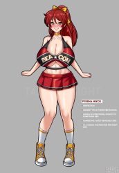 Rule 34 | 1girl, alternate breast size, blush, breasts, cheerleader, clothing cutout, commentary, english commentary, english text, full body, green eyes, hair between eyes, hair ribbon, huge breasts, long hair, midriff, miniskirt, navel, pleated skirt, pyrrha nikos, red hair, ribbon, rwby, shoes, skirt, smile, sneakers, socks, solo, standing, tabletknight, underboob, underboob cutout, white socks, yellow footwear, yellow ribbon