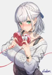 Rule 34 | 1girl, artist name, black choker, blue ribbon, box, breasts, choker, green eyes, grey background, hair ribbon, heart-shaped box, highres, holding, holding box, hololive, large breasts, long sleeves, looking at viewer, reulem, ribbon, shirogane noel, shirogane noel (casual), short hair, simple background, sweater, valentine, virtual youtuber, watch, white hair, white sweater