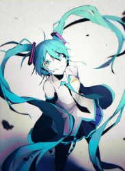 Rule 34 | 1girl, aqua eyes, aqua hair, aqua necktie, bare shoulders, belt, black skirt, black sleeves, black thighhighs, closed mouth, colored skin, commentary, detached sleeves, expressionless, feet out of frame, hair ornament, hatsune miku, kikori70796699, long hair, looking up, necktie, shirt, skirt, sleeveless, sleeveless shirt, solo, standing, thighhighs, twintails, very long hair, vignetting, vocaloid, white shirt, white skin
