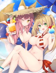 Rule 34 | 2girls, ahoge, animal ear fluff, animal ears, ball, bare arms, bare shoulders, beach, beachball, bikini, blonde hair, blue bikini, blue sky, breasts, brown eyes, chair, cleavage, cloud, collarbone, commentary request, criss-cross halter, crossed legs, cup, day, drink, drinking glass, drinking straw, fate/grand order, fate (series), fox ears, fox girl, fox tail, green eyes, hair between eyes, hair intakes, halterneck, highres, holding, holding cup, holding drinking glass, large breasts, leaning forward, long hair, looking at viewer, lounge chair, miko (royal milk), multiple girls, navel, nero claudius (fate), nero claudius (fate) (all), nero claudius (swimsuit caster) (fate), outdoors, pink hair, sand, side-tie bikini bottom, sitting, sky, standing, striped bikini, striped clothes, swimsuit, tail, tamamo (fate), tamamo no mae (swimsuit lancer) (fate), transparent, twintails, very long hair
