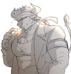 Rule 34 | 1boy, animal ears, armband, bara, chest tuft, commentary, cow ears, cow horns, cow tail, facial hair, furry, furry male, goatee, headband, highres, horns, lab coat, large pectorals, leaf, looking at viewer, m cwfe, male focus, minotaur, monochrome, mouth hold, muscular, muscular male, notice lines, pectorals, shennong (housamo), short hair, simple background, solo, stalk in mouth, tail, tokyo houkago summoners, upper body, white background