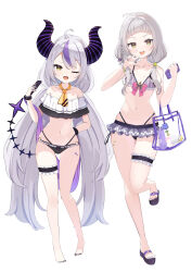 Rule 34 | 2girls, absurdres, ahoge, alternate costume, alternate hairstyle, ascot, bag, bare arms, bare shoulders, beach, bracelet, breasts, cellphone, cleavage, collarbone, commentary request, demon girl, demon horns, demon tail, fingernails, full body, grey hair, handbag, highleg, highres, hololive, horns, ichipon1515, jewelry, la+ darknesss, leg up, legs, long hair, looking at viewer, low twintails, medium hair, multicolored hair, multiple girls, murasaki shion, nail polish, navel, one eye closed, open mouth, phone, purple hair, sandals, small breasts, smartphone, standing, standing on one leg, stomach, streaked hair, striped, striped horns, swimsuit, tail, thigh strap, toenail polish, toenails, toes, twintails, v, very long hair, virtual youtuber, white background, yellow eyes
