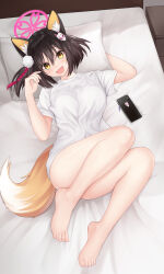 Rule 34 | 1girl, :d, absurdres, animal ears, barefoot, bed, bedroom, blue archive, blush, bottomless, brown hair, cellphone, commentary request, fang, fox ears, fox girl, fox tail, full body, hair ornament, highres, indoors, izuna (blue archive), karurega, no panties, on bed, open mouth, phone, pom pom (clothes), pom pom hair ornament, shirt, short hair, short sleeves, skin fang, smartphone, smile, solo, t-shirt, tail, white shirt, yellow eyes