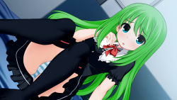 Rule 34 | 1girl, black dress, black thighhighs, blue eyes, blue panties, blush, bow, bowtie, character request, dress, game cg, green hair, kurasuke, long hair, looking at viewer, make me lover, open mouth, panties, red bow, red bowtie, short sleeves, sitting, skirt, solo, source request, striped clothes, striped panties, thighhighs, underwear