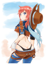Rule 34 | 1girl, ass, black panties, blue eyes, breasts, butt crack, cowboy hat, cowboy western, denim, fingerless gloves, from behind, gloves, hat, jeans, looking at viewer, looking back, low twintails, monica blueash, panties, pants, red hair, ripped jeans, school girl strikers, short hair, smile, solo, sunsun69, torn clothes, twintails, underboob, underwear, whale tail (clothing)