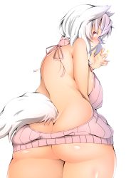 Rule 34 | 1girl, animal ears, ass, bare back, breasts, butt crack, cowboy shot, highres, inubashiri momiji, large breasts, looking at viewer, looking back, meme attire, plump, red eyes, shishi juuroku, short hair, sideboob, simple background, solo, tail, thick eyebrows, thick thighs, thighs, touhou, virgin killer sweater, white background, white hair, wolf ears, wolf tail