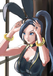 Rule 34 | animal ears, artist request, black shirt, blouse, breasts, dragon quest, dragon quest xi, fake animal ears, hair ornament, heart, heart necklace, highres, indoors, jewelry, large breasts, leotard, looking outside, martina (dq11), necklace, playboy bunny, ponytail, purple eyes, purple hair, rabbit ears, rabbit hair ornament, shirt, solo