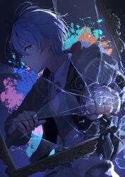 Rule 34 | 1boy, absurdres, aoyagi touya, blue hair, broken glass, buttons, clenched hand, commentary request, glass, grey eyes, hair between eyes, highres, jacket, long sleeves, male focus, mole, mole under eye, paint splatter, period of nocturne (project sekai), picture frame, project sekai, short hair, solo, upper body, yuzuha wasa