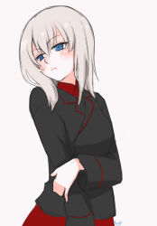 Rule 34 | 10s, 1girl, arm grab, artist name, black jacket, blue eyes, blush, closed mouth, commentary, dress shirt, frown, girls und panzer, grey background, highres, itsumi erika, jacket, kuromorimine military uniform, long hair, long sleeves, looking to the side, military, military uniform, red shirt, red skirt, shirt, signature, silver hair, skirt, solo, standing, umxzo, uniform, upper body