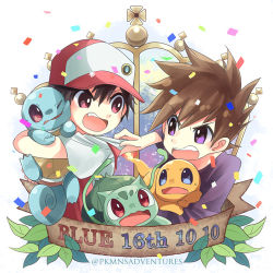 Rule 34 | 2boys, baseball cap, blue oak, brown hair, bulbasaur, charmander, cocoloco, commentary request, confetti, copyright name, creatures (company), eye contact, fighting, fire, flame-tipped tail, game freak, gen 1 pokemon, hat, holding, holding pokemon, leaf, looking at another, lowres, multiple boys, nintendo, open mouth, pokemon, pokemon (creature), pokemon rgby, purple eyes, purple shirt, red (pokemon), red eyes, shirt, spiked hair, squirtle, teeth, tongue, watermark