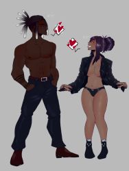 Rule 34 | black panties, breasts, cleavage, dark-skinned female, dark-skinned male, dark skin, dreadlocks, hair bun, height chart, highres, kinjero, large breasts, long hair, looking at another, md5 mismatch, multicolored hair, muscular, muscular male, nipple slip, nipples, no pants, open clothes, open shirt, orange eyes, original, panties, purple hair, red eyes, ribbon, sidelocks, simple background, single hair bun, socks, speech bubble, tattoo, teasing, tongue, tongue out, topless male, two-tone hair, underwear