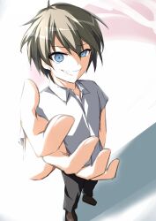 Rule 34 | 1boy, asagi nanami, black pants, blue eyes, brown footwear, brown hair, commentary request, crazy, crazy eyes, crazy smile, dress shirt, evil grin, evil smile, eyelashes, foreshortening, from above, full body, grin, highres, looking at viewer, mamiya takuji, open hand, outstretched arm, pants, reaching, reaching towards viewer, shirt, short hair, short sleeves, sidelighting, simple background, smile, solo, spiked hair, standing, subarashiki hibi, v-shaped eyebrows, white background, white shirt