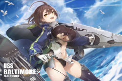 Rule 34 | 1girl, :d, ahoge, azur lane, baltimore (azur lane), bird, blue coat, blue sky, braid, breasts, brown hair, center opening, clothing cutout, cloud, coat, commentary request, cruel gz, day, dutch angle, french braid, garter straps, gloves, happy, hood, hooded coat, large breasts, leotard, looking at viewer, multicolored coat, navel, open clothes, open coat, open mouth, short hair, sky, smile, stomach cutout, thighhighs, thighs, underboob, underboob cutout, water, waves, white gloves, yellow eyes