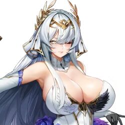 1girl armpits bare_shoulders blind_princess_(last_origin) blue_flower breasts bursting_breasts circlet cleavage closed_mouth detached_collar dress elbow_gloves female_focus flower game_cg gloves hair_between_eyes hair_intakes hair_over_breasts head_ornament huge_breasts last_origin laurel_crown lips long_hair looking_at_viewer mr.yun official_art one_eye_closed revealing_clothes skindentation sleeveless sleeveless_dress transparent_background upper_body veil white_dress white_hair white_veil yellow_eyes