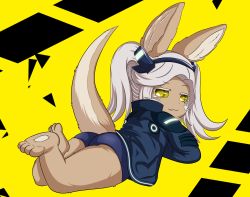 Rule 34 | 1other, :3, androgynous, animal ears, ass, barefoot, black jacket, black shorts, closed mouth, commentary, cosplay, cyberpunk (series), cyberpunk edgerunners, english commentary, full body, furry, grey hair, highres, jacket, long hair, looking at viewer, lying, made in abyss, nanachi (made in abyss), on stomach, other focus, rabbit ears, rebecca (cyberpunk), rebecca (cyberpunk) (cosplay), samurai jacket (cyberpunk), shorts, smile, smugbuns, solo, tail, the pose, twintails, whiskers, yellow eyes