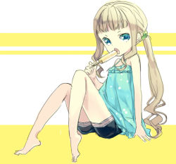 Rule 34 | 1girl, bare shoulders, barefoot, blue eyes, brown hair, dress, elle mel marta, food, hair ornament, ice cream, long hair, open mouth, ponytail, shorts, solo, striped, striped background, tales of (series), tales of xillia, tales of xillia 2