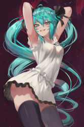 Rule 34 | 1girl, ahoge, armpits, arms behind head, arms up, black ribbon, black thighhighs, blue eyes, blue hair, breasts, commentary request, cowboy shot, dancing, dress, eyes visible through hair, grin, hair between eyes, hair ribbon, hatsune miku, highres, long hair, looking at viewer, me!me!me!, me!me!me! dance (meme), medium breasts, meme, revision, ribbon, sleeveless, sleeveless dress, smile, solo, standing, supreme (module), thighhighs, torriet, twintails, very long hair, vocaloid, white dress, world is mine (vocaloid)