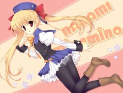Rule 34 | 1girl, ass, blonde hair, boots, character name, hair ribbon, hat, konneko, long hair, mikeou, minamino nanami, mitha, non-web source, one eye closed, panties, panties under pantyhose, pantyhose, pantyshot, red eyes, ribbon, solo, star (symbol), striped clothes, striped panties, tongue, tongue out, twintails, underwear, wink