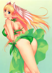 Rule 34 | 1girl, :d, absurdres, aqua background, arched back, ass, back, bare legs, bikini, blonde hair, blue eyes, elf, elwing, female focus, from side, gradient background, green bikini, hair between eyes, halterneck, head wings, highres, kneepits, long hair, open mouth, pointy ears, sega, shining (series), shining tears, shining wind, skindentation, smile, solo, standing, swimsuit, thighs, tony taka, very long hair, wings, yellow background