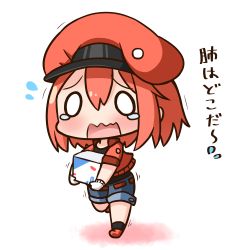 Rule 34 | 10s, 1girl, ae-3803, black shirt, black socks, blue shorts, blush, box, cabbie hat, commentary request, flying sweatdrops, gloves, hair between eyes, hana kazari, hat, hataraku saibou, holding, holding box, jacket, looking at viewer, open clothes, open jacket, open mouth, red blood cell (hataraku saibou), red footwear, red hair, red hat, red jacket, shirt, short shorts, short sleeves, shorts, socks, solo, standing, standing on one leg, tears, translation request, wavy mouth, white background, white gloves