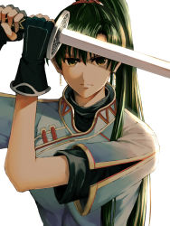 Rule 34 | 1girl, breasts, delsaber, dress, earrings, fighting stance, fingerless gloves, fire emblem, fire emblem: the blazing blade, gloves, green eyes, green hair, jewelry, katana, long hair, looking at viewer, lyn (fire emblem), nintendo, ponytail, simple background, solo, sword, upper body, weapon, white background