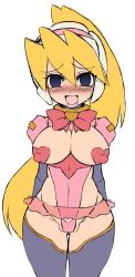 Rule 34 | 1girl, ahegao, alternate costume, blonde hair, blush, bow, bowtie, breasts, breasts out, ciel (mega man), clothing cutout, cowboy shot, drooling, empty eyes, female focus, framed breasts, hair between eyes, headgear, heart cutout, heart pasties, hip focus, long hair, mega man (series), mega man zero (series), microskirt, open mouth, pasties, pubic cutout, puffy sleeves, saliva, see-through, semikichi, simple background, skirt, solo, white background