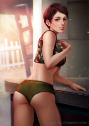 Rule 34 | 1girl, ass, breasts, curie (fallout 4), fallout (series), fallout 4, shirt, short hair, shorts, solo, ynorka