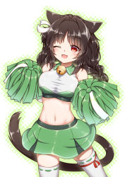 Rule 34 | 1girl, ;3, ;d, animal ears, azur lane, bare shoulders, bell, black hair, blush, braid, breasts, cat ears, cat tail, cheerleader, collar, collared shirt, commentary request, cowboy shot, crop top, green outline, green shirt, green skirt, groin, hair intakes, hair ornament, hestia (neko itachi), holding, holding pom poms, jingle bell, large breasts, leg ribbon, long hair, looking at viewer, midriff, navel, neck bell, one eye closed, ooshio (azur lane), open mouth, outline, pom pom (cheerleading), pom poms, red eyes, ribbon, ribbon-trimmed legwear, ribbon trim, shirt, sidelocks, simple background, skirt, sleeveless, sleeveless shirt, smile, solo, standing, tail, taut clothes, taut shirt, thighhighs, twin braids, two-tone shirt, white background, white shirt, white thighhighs, zettai ryouiki