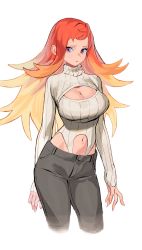 Rule 34 | 1girl, blonde hair, breasts, cleavage, cleavage cutout, closed mouth, clothing cutout, eyelashes, highres, kokonotsunbai, large breasts, long hair, multicolored eyes, multicolored hair, navel, navel cutout, orange eyes, orange hair, original, purple eyes, simple background, sleeves past wrists, solo, sweater, turtleneck, white background, white sweater