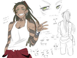 Rule 34 | 1boy, arm tattoo, chest tattoo, clothes around waist, commentary request, dark-skinned male, dark skin, dreadlocks, earrings, expressions, eyebrow piercing, green eyes, green hair, grin, jacket, jacket around waist, jewelry, long hair, looking at viewer, male focus, mouth piercing, neck tattoo, original, partially colored, piercing, sharp teeth, simple background, smile, snake tattoo, tank top, tattoo, teeth, translation request, upper body, white background, white tank top, zzb azz