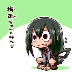 Rule 34 | 10s, 1girl, asui tsuyu, black eyes, blush stickers, boku no hero academia, chibi, frog girl, green hair, green skirt, hair rings, ikkyuu, long hair, looking away, necktie, red necktie, school uniform, skirt, solo, squatting, text focus, tongue, tongue out, translation request