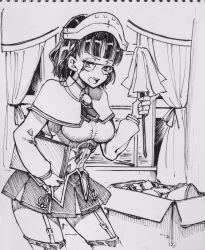 Rule 34 | 1girl, blunt bangs, box, breasts, capelet, curtains, eyewear strap, garter straps, glasses, greyscale, headdress, highres, holding, indoors, kantai collection, long sleeves, monochrome, open mouth, pince-nez, pleated skirt, roma (kancolle), short hair, skirt, solo, thighhighs, traditional media, tsunemi aosa, window