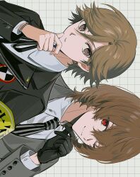 Rule 34 | 2boys, aged up, akechi gorou, amada ken, armband, black gloves, black jacket, black ribbon, brown eyes, brown hair, collared shirt, gekkoukan high school uniform, gloves, grey jacket, grid background, highres, jacket, long sleeves, looking at viewer, male focus, multiple boys, neck ribbon, necktie, one eye closed, persona, persona 3, persona 4: the ultimate in mayonaka arena, persona 4: the ultimax ultra suplex hold, persona 5, pswlv05, red eyes, ribbon, school uniform, shirt, sideways, white shirt